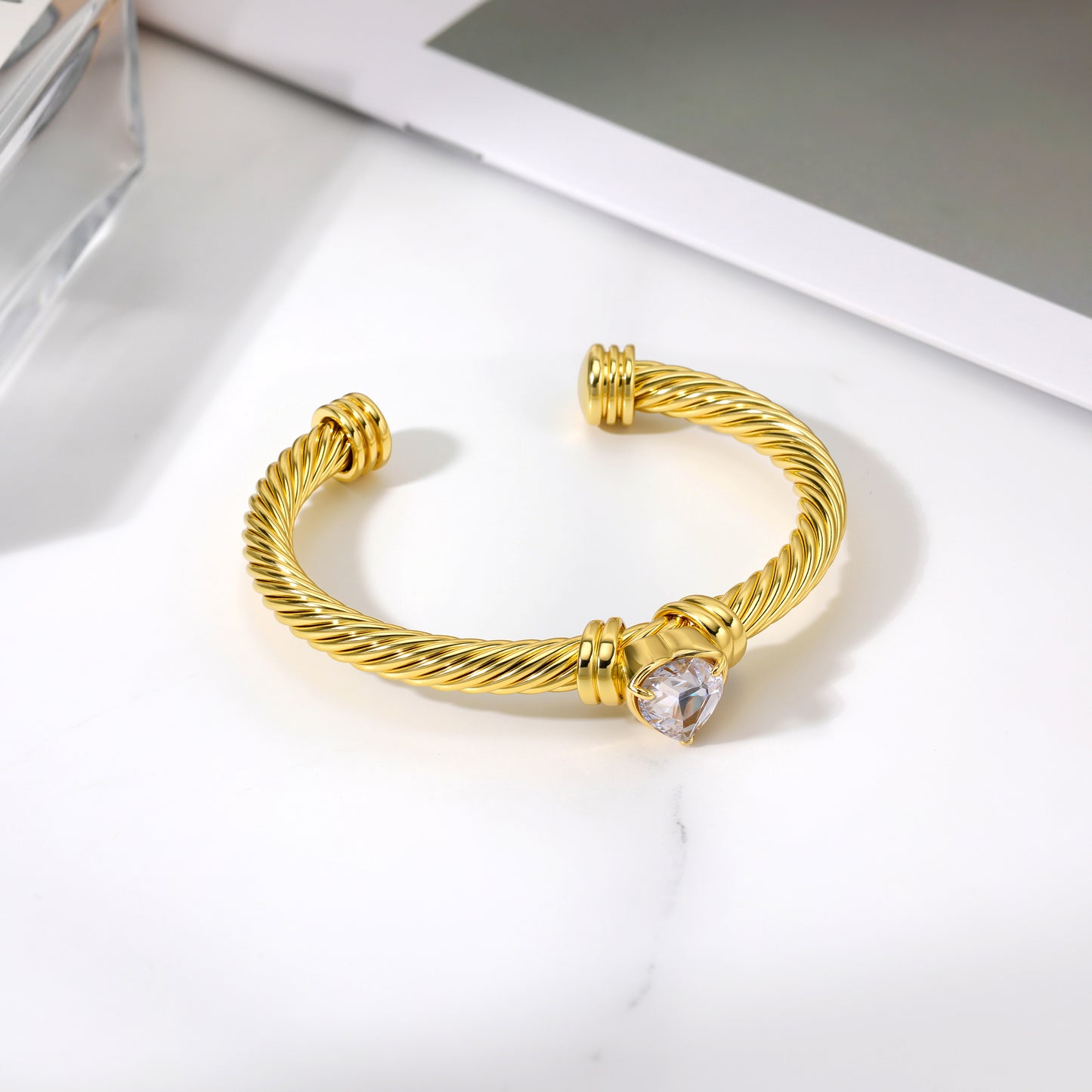 Aprilery Cuff Bracelet for Women Silver Wire Twisted Two Tone Cable Bracelet Cubic zirconia Heart Cuff Bangle Vintage Bracelets Jewelry Gifts